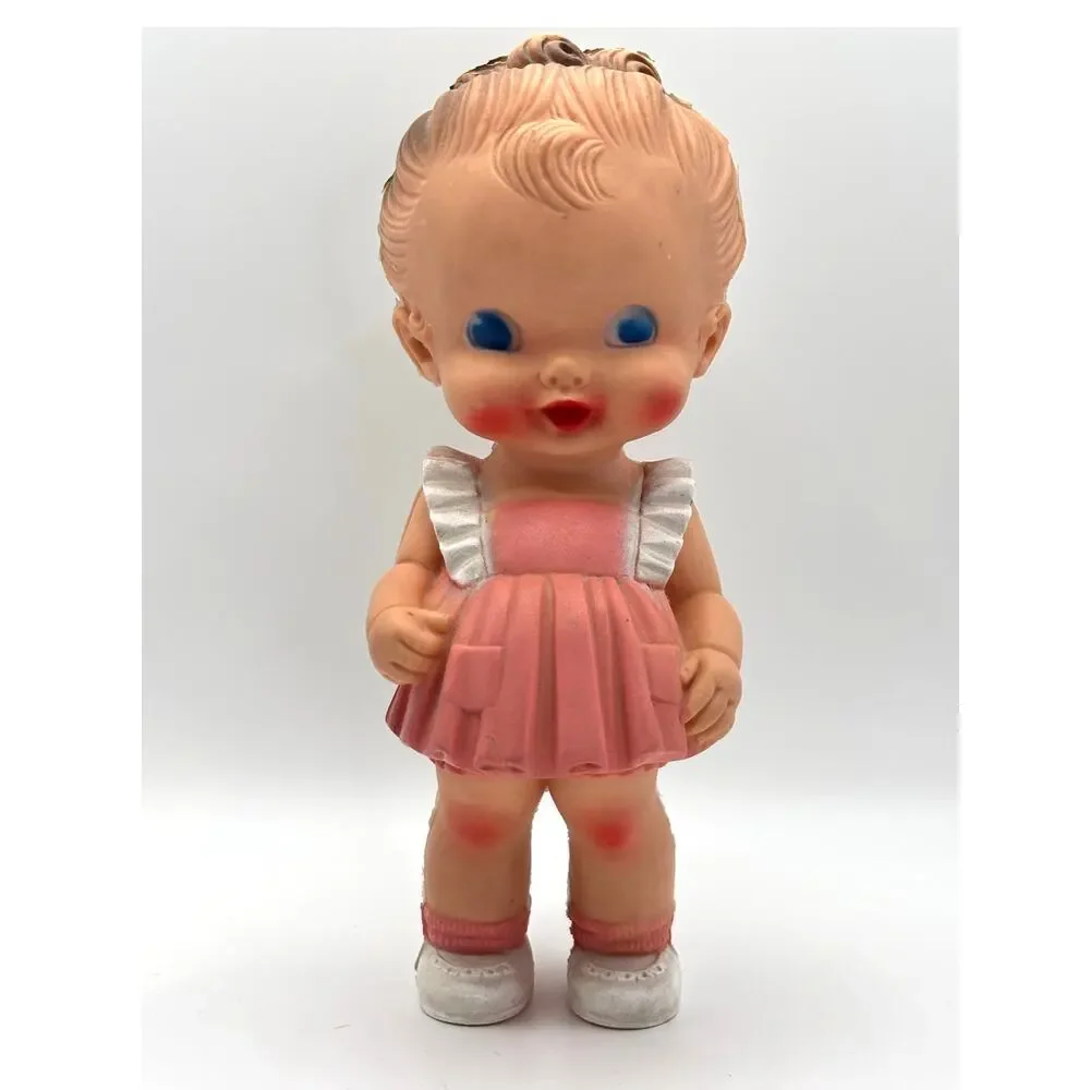 Vintage Ruth B. Newton Sun Rubber Co. Girl in Pink & White Dress, Squeaky Doll